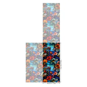 Detailed view of stained glass window film showing dimensions, vibrant turtle and flower pattern.