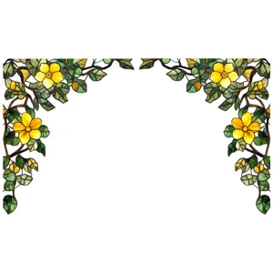 Decorative stained glass window film detail featuring vibrant yellow flowers and green leaves.