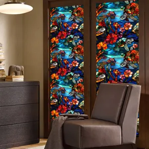 Stained glass window film with colorful turtle and flower pattern for home glass decor.