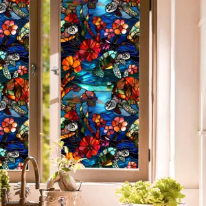 Stained glass window film with sea turtles and floral pattern, static cling privacy decal.