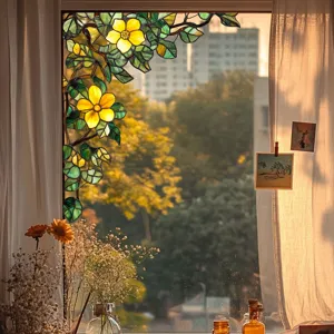 Stained glass window film with yellow flowers and green leaves, privacy decorative sticker for home.