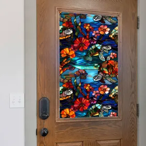 Stained glass window film sea turtle floral static cling privacy sun block sticker for home