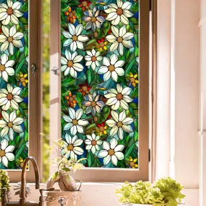 Stained glass window film with colorful floral pattern, static cling privacy window sticker.