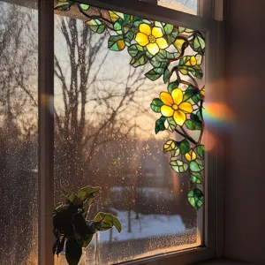 Detailed view of colorful stained glass window film featuring yellow floral and green leaf design.