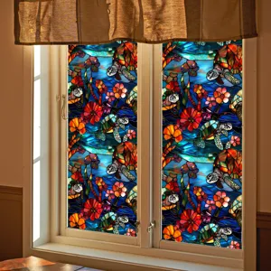 Stained glass window film with floral turtle pattern static privacy glass sticker