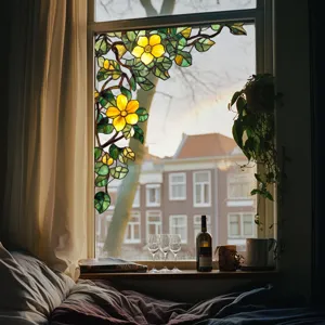 Stained glass window film with floral botanical design for home privacy and decorative window.