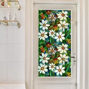 Stained glass window film with elegant white flower pattern, static cling privacy glass sticker.