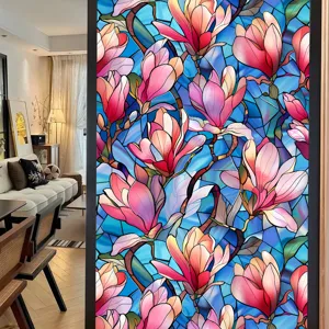 Detailed view of colorful floral stained glass window film, decorative static cling window sticker.