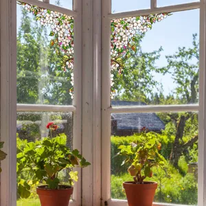 Static floral stained glass window film, decorative privacy sticker for home and showcase.