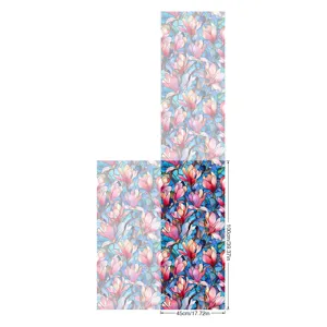 Decorative stained glass window film detail showing vibrant magnolia floral pattern and sizes.