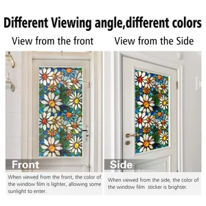 Stained glass window film detail showing floral pattern and multi-angle color changes.