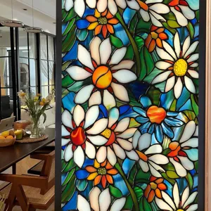 Stained glass window film with colorful daisy floral pattern for home decor privacy glass sticker.