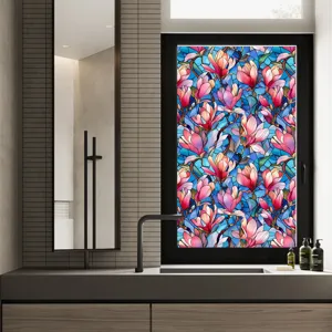 Stained glass window film with colorful floral pattern, privacy sun protection static sticker.