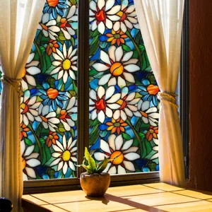 Stained glass window film with daisy floral pattern for home decor, static cling privacy glass sticker.