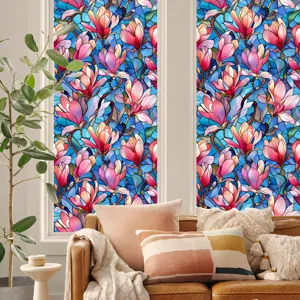 Stained glass window film with colorful floral pattern, privacy sun blocking static sticker.