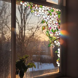 Decorative stained glass window film with floral vine pattern, static cling privacy decal.