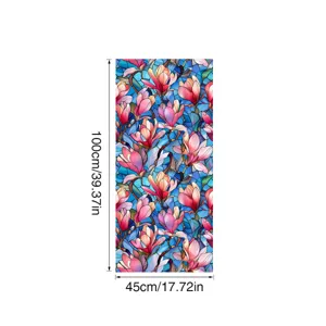 Detailed view of stained glass window film with pink magnolia flower design and dimensions.