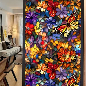 Stained glass window film with vibrant colorful flowers and butterfly patterns, perfect for home decor.