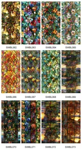 Vue détaillée des variantes d'autocollants pour fenêtres en vitrail, motifs floraux et paysages.