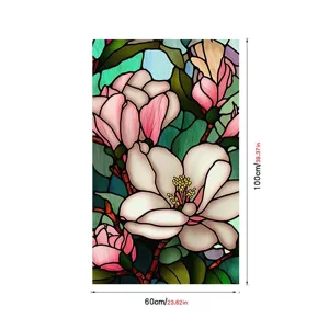 Detailed view of stained glass magnolia window film, vibrant floral pattern design.