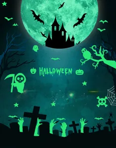 Set di adesivi murali luminosi di Halloween con pipistrelli, luna, castello e fantasmi.