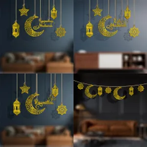 Golden acrylic Ramadan decoration set featuring crescent moon, stars and lanterns for home decor.