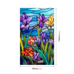 Detail de film pour fenetre vitrail, motif floral botanique d'iris et de tulipe colore.