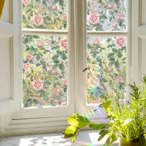 Decorative rose stained glass window film, rainbow prism suncatcher static sticker for home.