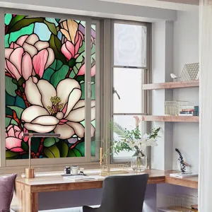 Decorative stained glass window film scene showing floral patterns applied on home window glass.