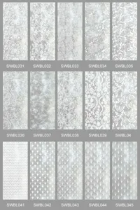 Detail view of lace and geometric pattern electrostatic glass window film designs.