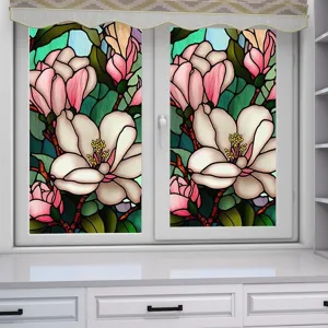 Decorative stained glass window film with vintage floral pattern for home privacy protection.