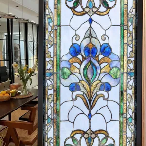Viktorianischer Stil Buntglas Fensteraufkleber, Vintage Blumen statische Glasfolie.
