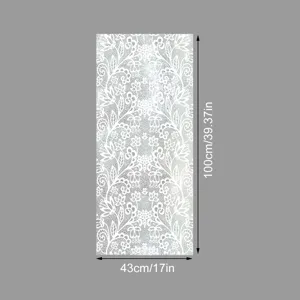 Lace window film detail showing intricate white floral pattern and exact dimensions for home decor.