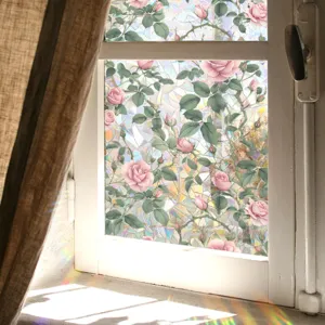 Stained glass window sticker with rose pattern, prism rainbow static suncatcher film detail.