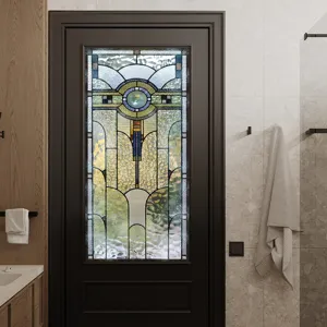 Detail shot of stained glass window film featuring elegant geometric Art Deco design in modern room.