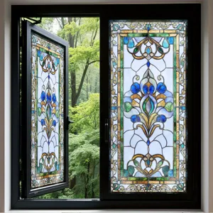 Viktorianische Buntglas-Fensterfolie, statisch haftender dekorativer Sichtschutzaufkleber.