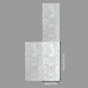 Detail view of frosted lace window glass sticker showing dimensions and floral pattern.