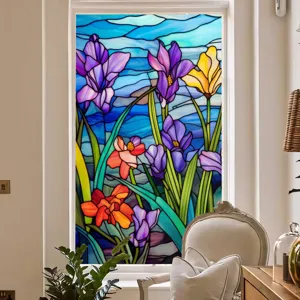 Film pour vitre en verre teinté décoratif avec motif floral coloré, statique et amovible.