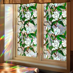 Stained glass window film privacy static cling magnolia floral decorative frosted glass sticker