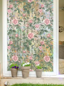 Pink rose stained glass window film, holographic prism sun catcher static cling sticker detail.