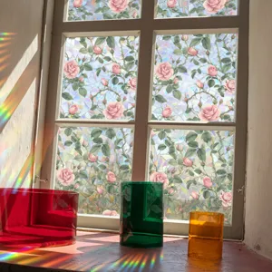 Decorative rainbow window film with pink rose pattern, static cling suncatcher glass sticker.