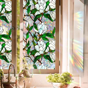 Decorative stained glass window film, static cling magnolia flower design for home and office use.