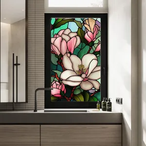 Detailed view of stained glass window film, floral pattern PVC window sticker, home decor.
