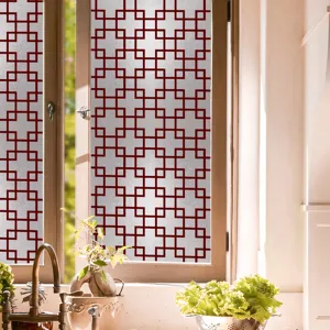 Moderne geometrische raamfolie voor privacy en glasdecoratie met een prachtig rood patroon.