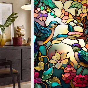 Retro stained glass window film with colorful flower and bird pattern for home decor.