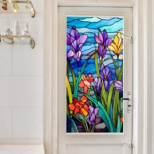 Film pour fenêtre en vitrail floral décoratif, sticker de verre statique et amovible.