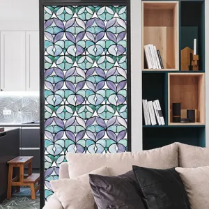 Detailed view of stained glass window film in a modern living room scene showcasing texture.