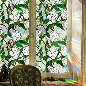 Magnolia flower stained glass window film detail, colorful static PVC privacy sticker for home.