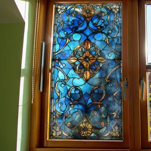 Glas-in-lood raamfolie decoratieve privacy thuisraam sticker retro hofstijl blauw bloemenpatroon