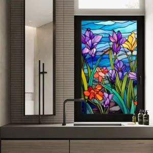 Film pour vitre en vitrail avec motif floral coloré, adhésif statique décoratif.